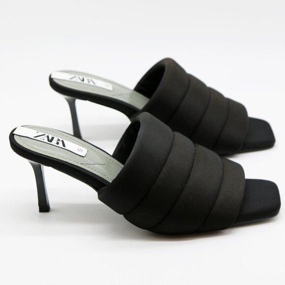 Zara Padded Quilted Slip On Slide Heel Mules Sandals 36 Black Square Toe Comfy - Picture 8 of 16